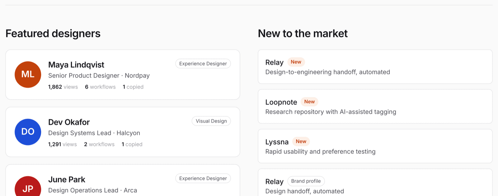 The homepage row holding Featured designers on the left and New to the market on the right, the latter listing recently added tools with their logos and taglines.
